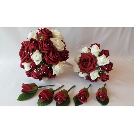 Wedding Bouquet, 2 Posies and 7 Buttonholes Bundle in Burgundy and White Roses with Pearl Pins